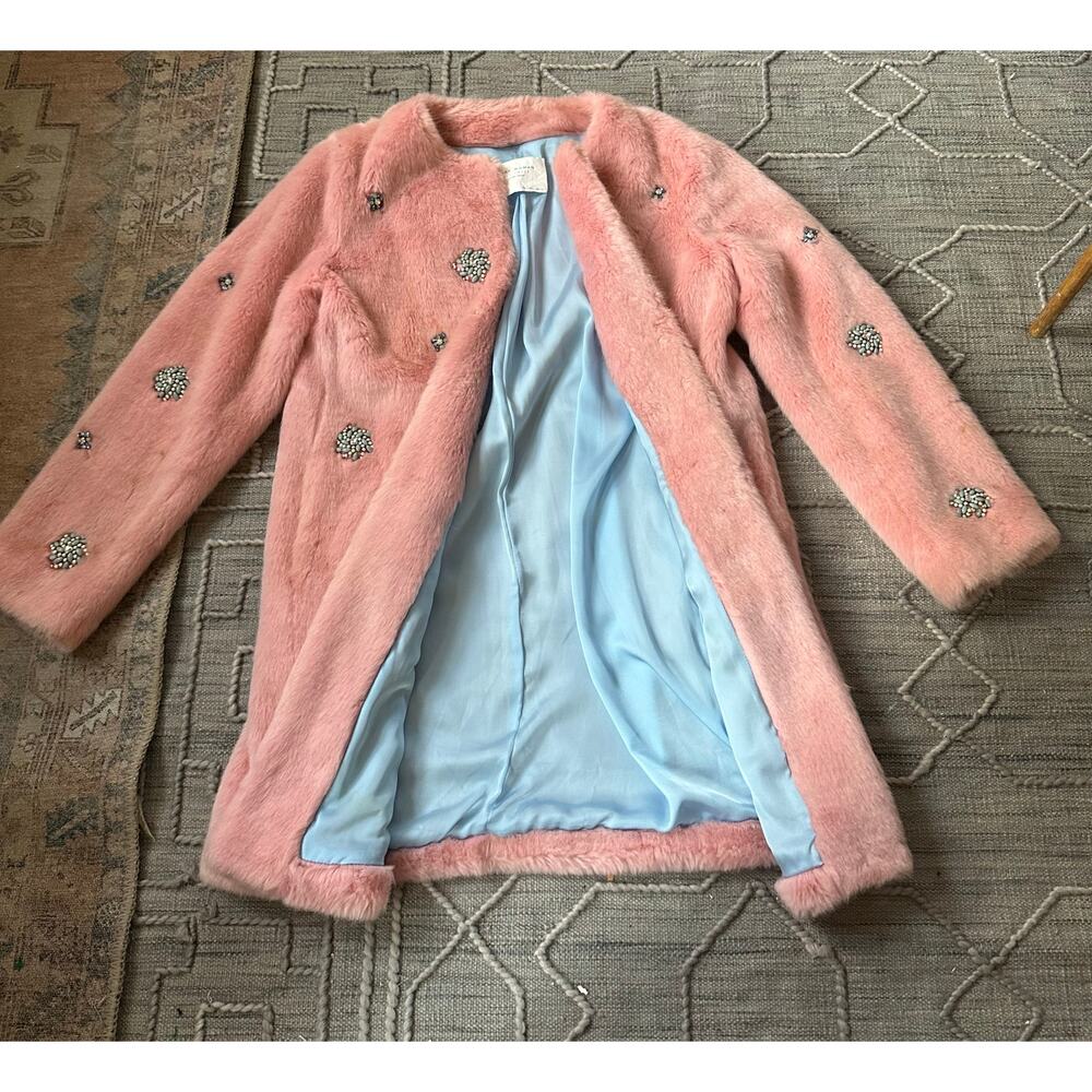 ZARA COLLECTION - Pink Bejeweled Faux Fur Coat blue beads party - Picture 11 of 16